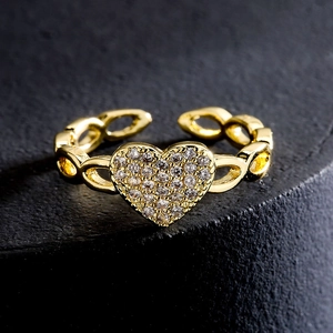 Luxurious 18K gold plated copper open ring with heart-shaped pave zircon crystals