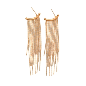Elegant rose gold tassel earrings with long beaded chains on a minimalist white background