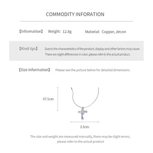 Detailed size chart for the cross pendant necklace showing 67.5cm length and 12.8g weight