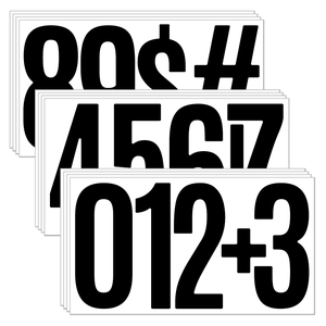 Detail view of 6-inch waterproof black vinyl number and symbol stickers including 0-9 and signs