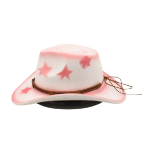 Detail of pink and white gradient cowboy hat with red star patterns and woven cord