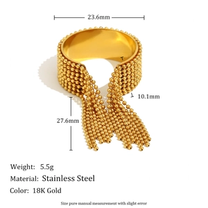 Detailed measurement view of 18K gold plated stainless steel bead tassel open cuff ring