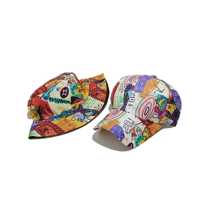 Graffiti printed bucket hat and baseball cap with colorful street art pattern