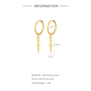 Macro detail of S925 silver dagger hoop earrings with AAAAA zirconias and dimensions
