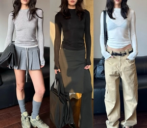 Three slim-fit long sleeve t-shirts in grey, black and white soft wool blend fabric