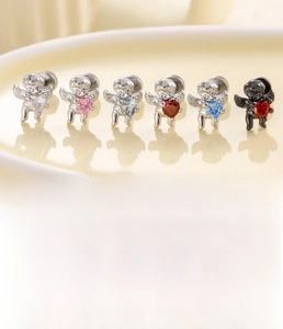Detail of 0.8mm titanium steel stud earrings with Cupid angel and heart zircon stone