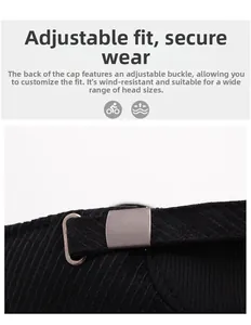 Detail of adjustable metal buckle on black winter baseball cap for secure and custom fit