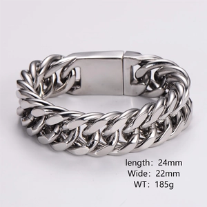 Detail view of chunky silver stainless steel Cuban chain bracelet with dimensions