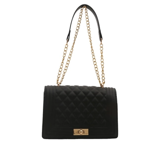 Classic black quilted crossbody bag with golden chain strap and metallic square lock