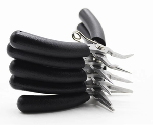 Detailed stack of five mini precision pliers with black handles for DIY jewelry making