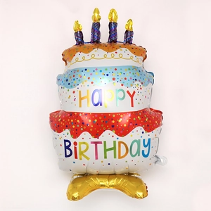 Macro view of multi-layer foil birthday cake balloon with Happy Birthday text and candles