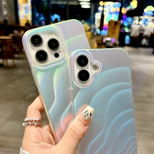 Detailed view of matte holographic wave pattern phone cases with iridescent laser finish
