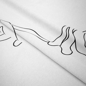 Detailed close-up of soft white fabric texture with minimalist black line art pattern