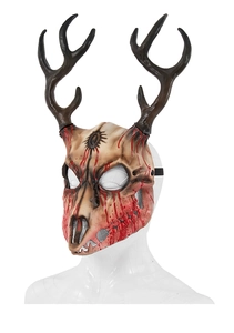Macro shot of realistic antler skull mask with blood splatters and resin bone texture