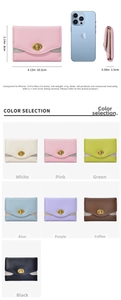 Dettagli delle dimensioni del mini portafoglio donna e sette opzioni di colore disponibili