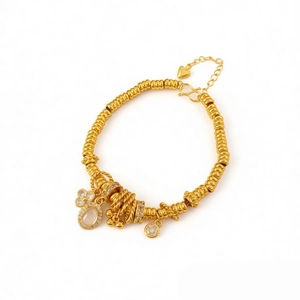 24k gold plated beaded flower bracelet with oval zircon charms and heart extension chain