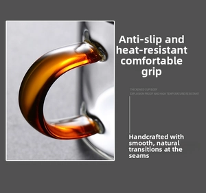 Detail of thickened borosilicate glass cup with amber handle and heat-resistant finish