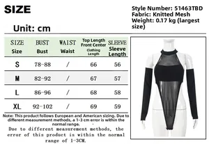 Größentabelle für Langarm-Mesh-Body mit Brust- und Längenmaßen in cm für Damen
