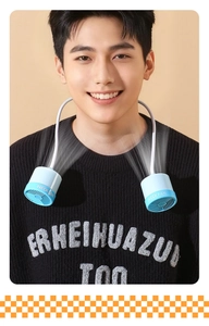 Blue dual-head portable neck fan worn by model with adjustable white hose and Neck Fan text