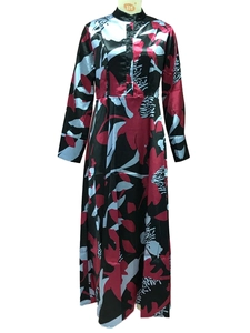 Detail of elegant retro stand collar and button front on floral satin maxi dress