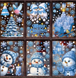 Detail showing ice blue Christmas window clings with snowmen and snowflakes on glass