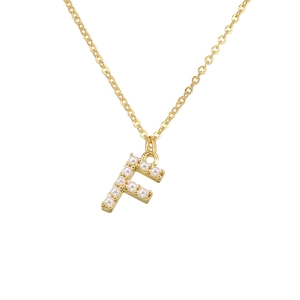 Detailed close-up of letter F gold-plated necklace inlaid with small white pearls