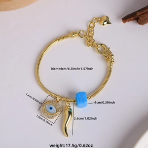 18K gold plated snake chain bracelet with evil eye and chili horn charms for women