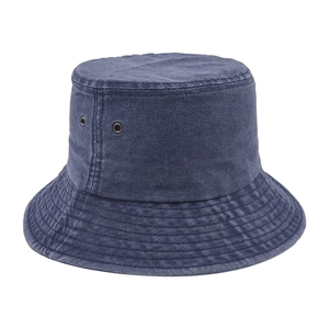 Vintage dark blue denim bucket hat with metal eyelets and stitched brim on white background