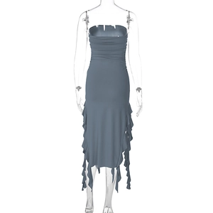 Detailed view of dusty blue tube dress with pleated waist and asymmetrical hemline
