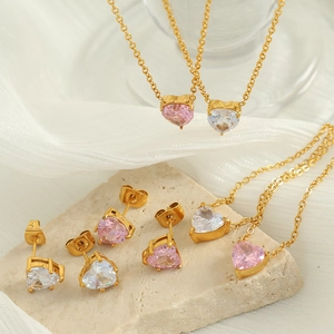 Elegance Heart Shaped Zirconia Jewelry Set Titanium Steel Gold Plated White Pink Zirconia Necklace Earrings For Women Romantic Valentine Gift