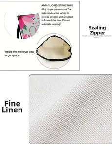 Detailed view of linen makeup bag with floral heart print and sturdy metal zipper closure