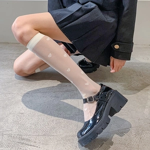 Detail of sweet heart pattern sheer knee-high socks paired with black Mary Jane shoes