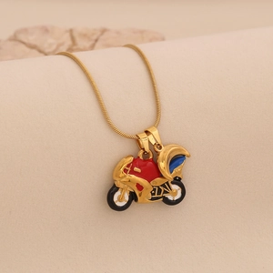 Cartoon motorcycle pendant necklace with red and gold finish on elegant gold chain