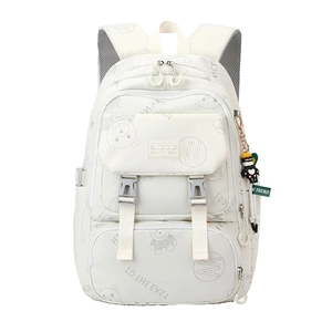Cute beige student backpack with cartoon bear prints and plush pendant in front view