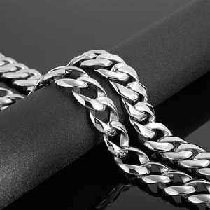 Chunky silver stainless steel Cuban link chain necklace for men on professional display