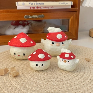 Cute Mushroom Hat Bird Figurine Hand Carved Wood Desk Ornament Cartoon Animal Statue Home Office Decor Red White