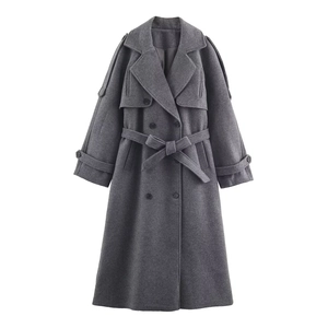 Women's dark gray long wool coat with double-breasted buttons and adjustable waist belt