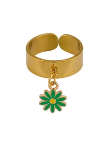 Detailed macro of golden adjustable ring with a green and yellow daisy pendant charm
