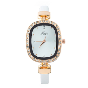 Elegant rose gold oval watch for women with rhinestone bezel and white leather strap