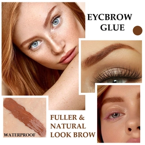 Waterproof brown eyebrow glue for fuller natural look shown on model and skin swatches