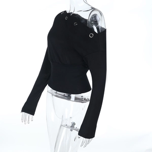Detail view of black off-shoulder sweatshirt featuring metal eyelet and ribbed waist