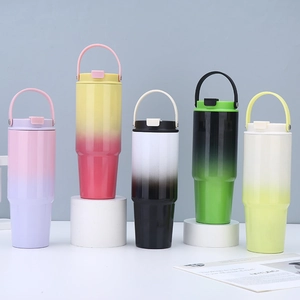 Set of five 30oz stainless steel travel mugs with gradient colors and carry handles