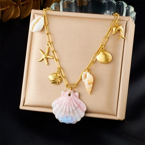Ocean Theme Seashell Conch Starfish Dolphin Pendant Necklace Stainless Steel Gold Plated Beach Vacation Jewelry For Women