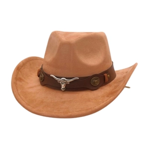 Detail of silver bull head emblem on brown faux suede western cowboy hat band