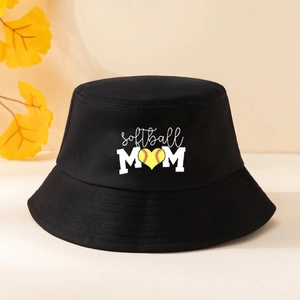 Close-up of black cotton bucket hat featuring a yellow softball mom heart graphic