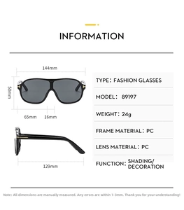 Size chart for model 89197 fashion sunglasses showing 144mm width and 24g PC frame weight