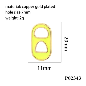 Neon yellow soda tab pendant detail with dimensions 20x11mm and copper gold plating