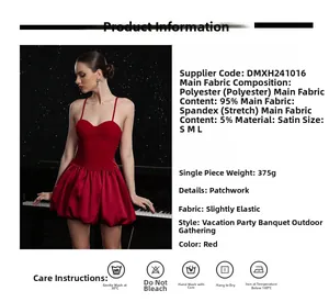 Größentabelle und Stoffdetails des eleganten roten Satin-Puff-Minikleides für Partys