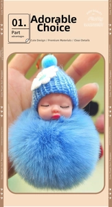 Detail shot of blue fluffy pompom doll keychain with knitted hat and floral decoration