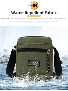 Waterproof nylon mini crossbody bag in army green shown with dynamic water splashes